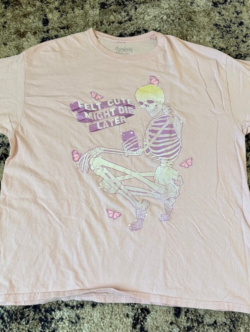 Spencer's Felt Cute Might Die Later Skeleton Tee M Pink